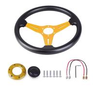 Volant de course en cuir PU 350 mm 14 pouces aluminium for jeu sport et dérive, klaxon universel for voiture(Gold)