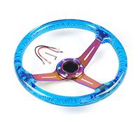 Volants Sport 350mm 14inch Direction acrylique Bouton de pilotage et corne Néo chrome 6 trous du volant 71mm(Blue)