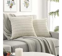 Volcanics Lot de 2 Housses de Coussin décoratives carrées en Velours côtelé Doux, à Rayures de Style Rustique et Moderne, pour canapé, lit, Sofa, Salon - 45,7 x 45,7 cm, crème