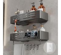 Voldra Étagère de douche adhésive, lot de 2 étagères de douche pour l'intérieur sans perçage, organisateur de douche en aluminium à coller avec barre à serviettes et crochets, étagère de rangement de