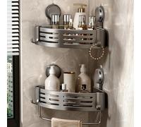 Voldra Etagere Douche Angle Ventouse, 2 PièCes Etagere Angle Salle De Bain Sans Percage avec Porte Serviettes et Crochets Rangement et Organisation de La Salle de Bain Support Gel Douche(Gris)