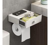 VOLDRA Porte Papier Toilette Mural, Derouleur Support Papier Toilette Murale avec éTagèRe Sans Percage Porte Papier Wc avec lingettes Tiroir Adhésif DéVidoir Papier Toilette Toilet Paper Holder(Blanc)