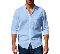 Volemo Chemise Lin Homme Manches Longues Grand-père Chemises avec Poche Chemisette Décontractées Bleu XXL