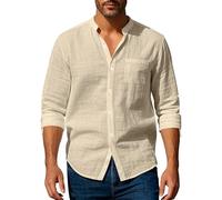 Volemo Chemise Lin Homme Manches Longues Grand-père Chemises avec Poche Chemisette Décontractées Kaki 3XL