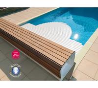 Volet automatique hors d'eau Abriblue BANC CLASSIC banc blanc lames PVC blanches pour piscine 6x12m sans escalier