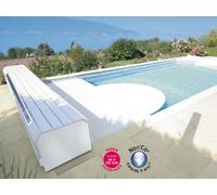 Volet automatique hors d'eau Abriblue BANC SOLAR ENERGY banc blanc lames PVC blanches pour piscine 6x12m sans escalier