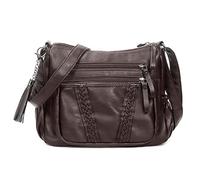 VOLGANIK ROCK Sac à bandoulière pour femme avec pompon en cuir synthétique souple et poche pour sac à main, café