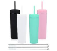 Volhoply 480ml Mug en plastique avec couvercle et paille Bulk 4 Pack, Isolé Double Paroi Bpa Free Matte Acrylique Gobelets, Café glacé Voyage Gobelets Party Cup,Diy(Couleur D'attribution,4 Set)