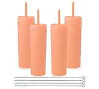 Volhoply 480ml Plastique Skinny Gobelet Avec Couvercle et Paille Bulk 4 Pack, Isolé Double Paroi Bpa Free Matte Acrylique Gobelet, Café glacé Voyage Gobelet Party Cup,Cadeaux Diy(orange,4 Set)