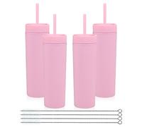 Volhoply 480ml plastique Skinny Gobelets avec couvercle et paille Bulk 4 Pack, Isolé double paroi Bpa Free Matte Acrylique Gobelets, Café glacé Voyage Gobelets Party Cup,Cadeaux Diy(Rose,4 Set)