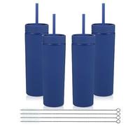 Volhoply 480ml plastique Skinny Gobelets avec Couvercle et Paille Bulk 4 Pack, Isolé Double Paroi Bpa Free Matte Acrylique Gobelets, Café glacé Voyage Gobelets Party Cup,Diy(Bleu Marine,4 Set)