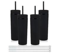 Volhoply 480ml plastique Skinny Gobelets Avec Couvercle et Paille Bulk 4 Pack, Isolé Double Paroi Bpa Free Matte Acrylique Gobelets, Café glacé Voyage Gobelets Party Cup,Cadeaux Diy(Noir,4 Set)