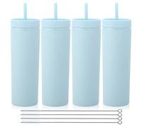 Volhoply 600ml Tumbler en Plastique Réutilisables Lot de 4,Tasse en Plastique à Double Paroi avec Couvercle et Paille,Gobelets à Café en Acrylique de Matte Libre BPA pour Soirées,Cadeaux(Bleu,4 Set)
