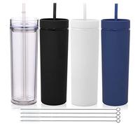 Volhoply 600ml Tumbler en Plastique Réutilisables Lot de 4,Tasse en Plastique à Double Paroi avec Couvercle et Paille,Gobelets à Café en Acrylique de Matte Libre BPA pour Soirées(Assortiment,4 Set)