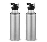 Volhoply 750ml Gourde Inox avec Paille 2 Paquets, Bouteille Isotherme à Double Paroi Avec Couvercle Sans BPA, Bottle Réutilisable en Métal pour École, Sport, enfant, Cadeaux(Argent,2 Set)