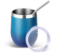 Volhoply Lot de 1 gobelet à vin en acier inoxydable de 350 ml avec couvercle et paille, verres à vin sans pied isothermes à double paroi, gobelet de voyage pour boissons froides, cadeaux de gobelets