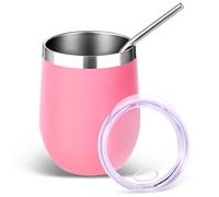 Volhoply Lot de 1 gobelet à vin sans pied en acier inoxydable de 355 ml avec couvercle et paille, gobelet de voyage réutilisable pour boissons froides, gobelet de voyage pour homme et femme (rose)