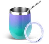 Volhoply Lot de 1 gobelet à vin sans pied en acier inoxydable de 355 ml avec couvercle et paille, gobelet de voyage réutilisable pour boissons froides, gobelet de voyage pour femme (violet vert)