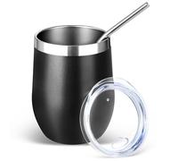 Volhoply Lot de 1 gobelet à vin sans pied en acier inoxydable de 355 ml avec couvercle et paille, gobelet à café de voyage réutilisable pour boissons froides, petit gobelet de voyage pour femme (noir