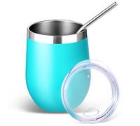 Volhoply Lot de 1 gobelet à vin sans pied en acier inoxydable de 355 ml avec couvercle et paille - Verre à vin isotherme à double paroi sous vide - Tasse à café de voyage réutilisable pour boissons