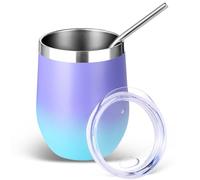 Volhoply Lot de 1 gobelet à vin sans pied en acier inoxydable de 355 ml avec couvercle et paille - Verre à vin sans pied isotherme à double paroi - Tasse à café de voyage réutilisable pour boissons