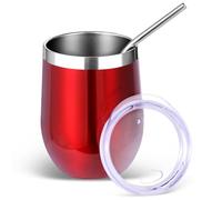 Volhoply Lot de 1 verre à vin en acier inoxydable de 350 ml avec couvercle et paille, verres à vin sans pied isothermes à double paroi, gobelet de voyage pour boissons froides, petits gobelets cadeaux