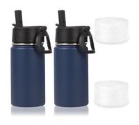 Volhoply Lot de 2 bouteilles d'eau pour enfants de 414 ml avec couvercle à paille et bottes en silicone, gobelets isothermes en acier inoxydable pour garçons et filles, à double paroi sous vide (bleu