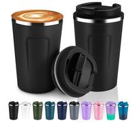Volhoply Lot de 2 tasses à café de voyage à double paroi isotherme à double paroi avec couvercle à rabat - Tasse à café réutilisable, anti-fuite, portable pour boissons chaudes et froides (noir, lot