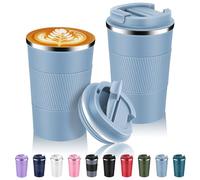 Volhoply Lot de 2 tasses à café de voyage isothermes en acier inoxydable de 390 ml avec couvercle à rabat - Tasse à café réutilisable à double paroi sous vide en métal - Gobelet portable étanche pour