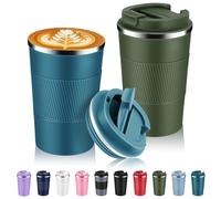 Volhoply Lot de 2 tasses à café de voyage isothermes en acier inoxydable de 390 ml avec couvercle à rabat - Tasse à café réutilisable à double paroi sous vide en métal - Gobelet isotherme anti-fuite