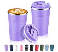 Volhoply Lot de 2 tasses à café de voyage isothermes en acier inoxydable de 390 ml avec couvercle à rabat - Tasse à café réutilisable à double paroi sous vide en métal - Gobelet thermique étanche pour