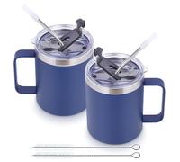 Volhoply Lot de 2 tasses à café isothermes étanches avec couvercle à paille et couvercle à paille - Gobelet de voyage à double paroi sous vide en acier inoxydable de 355 ml avec poignée - Tasses de