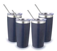 Volhoply Lot de 4 gobelets de voyage en acier inoxydable de 591 ml avec couvercle et paille - Isolation à double paroi - Tasse à café glacé de voyage pour boissons chaudes/froides - Tasse à café glacé