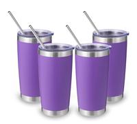 Volhoply Lot de 4 gobelets de voyage en acier inoxydable de 591 ml avec couvercle et paille - Isolation à double paroi - Tasse à café glacé de voyage pour boissons chaudes/froides, gobelet de voyage