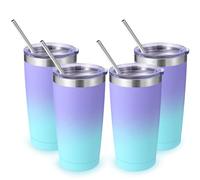 Volhoply Lot de 4 gobelets de voyage en acier inoxydable de 591 ml avec couvercle et paille - Isolation à double paroi - Tasse à café glacé de voyage pour boissons froides, gobelet de voyage pour