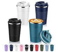 Volhoply Lot de 4 tasses à café de voyage isothermes en acier inoxydable de 390 ml avec couvercle à rabat - Tasse à café réutilisable à double paroi sous vide en métal - Gobelet isotherme anti-fuite