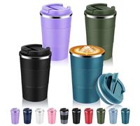 Volhoply Lot de 4 tasses à café de voyage isothermes en acier inoxydable de 390 ml avec couvercle à rabat - Tasse à café réutilisable à double paroi sous vide en métal - Gobelet thermique étanche pour