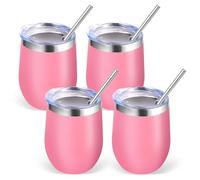 Volhoply Lot de 4 verres à vin sans pied en acier inoxydable de 355 ml avec couvercle - Verres à café isothermes réutilisables en métal avec paille - Cadeau de Noël pour femme (rose)