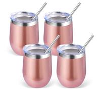 Volhoply Lot de 4 verres à vin sans pied en acier inoxydable de 355 ml avec couvercle - Verres à vin sans pied sous vide à double paroi - Tasse à café de voyage réutilisable avec paille - Cadeau de