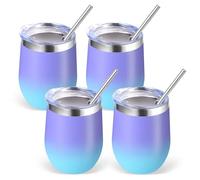 Volhoply Lot de 4 verres à vin sans pied en acier inoxydable de 355 ml avec couvercle - Verres à vin sans pied sous vide à double paroi - Tasse à café de voyage réutilisable avec paille - Cadeau de