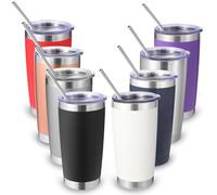 Volhoply Lot de 8 gobelets de voyage en acier inoxydable de 591 ml avec couvercle et paille - Isolation à double paroi - Tasse à café glacé de voyage pour boissons chaudes/froides - Cadeau de Noël