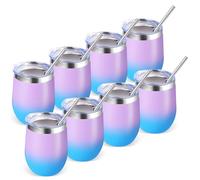Volhoply Lot de 8 tasses à vin en acier inoxydable de 355 ml avec couvercle, verres à vin sans pied isothermes à double paroi, tasses de voyage réutilisables en métal avec paille, tasses isolées pour