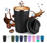 Volhoply Tasse à café de voyage isotherme à double paroi avec couvercle à rabat, réutilisable, anti-fuite, en acier inoxydable, pour boissons chaudes et froides, 355 ml, noir, 1 lot