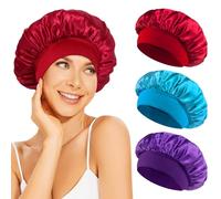 Volhuluk 3pcs Bonnet Satin Cheveux Nuit Femme, Bonnet en Satin, Élastique Bonnets de Nuit Doux, Chapeau Nuit en Satin à Large pour Dormir, Douche, Maquillage (Noir, Or, Rose)