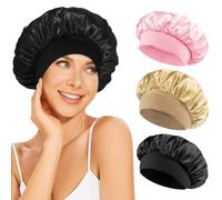 Volhuluk 3pcs Bonnet Satin Cheveux Nuit Femme, Bonnet en Satin, Élastique Bonnets de Nuit Doux, Chapeau Nuit en Satin à Large pour Dormir, Douche, Maquillage(Noir, Rose, Or)