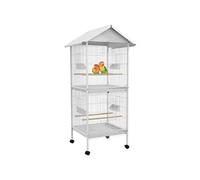 PawHut Volière sur roulettes – 10 portes, mangeoires, perchoirs, plateaux amovibles – acier blanc