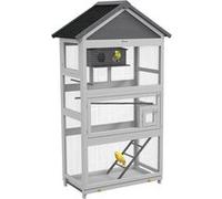 Volière grande cage à oiseaux en bois - 3 portes, toit bitumé double pente, échelle, perchoirs, nichoir, plateau - gris Gris G