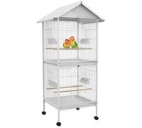PawHut Volière sur roulettes – 10 portes, mangeoires, perchoirs, plateaux amovibles – acier blanc