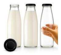 volila Bouteilles de Lait en Verre avec Couvercles - Lot de 3 x 500ml Bouteilles en Verre avec Étiquettes et Stylo - Lait Réutilisables pour le Rangement (Couvercle Noir)