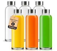volila Eau Bouteilles Verre - Lot de 6 Bouteilles en Verre de 500ml pour Eau, Jus, Lait et Smoothies - Gourdes Réutilisables de 18oz avec Bouchons Métalliques, Brosse et Étiquettes Blanches